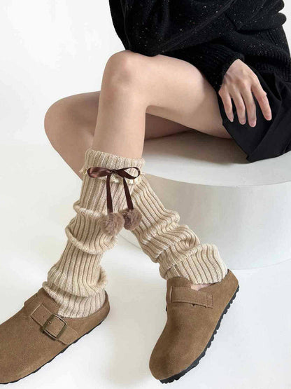 Details Bow Ribbed Warmers Leg with Khaki Pom-Pom
