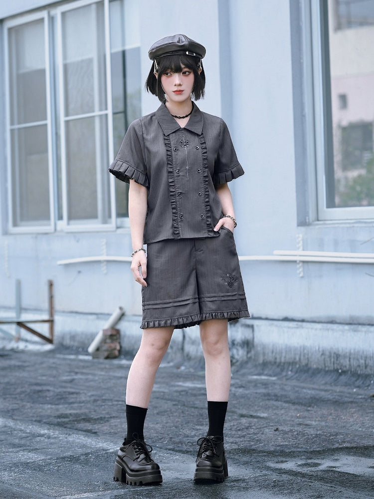 Gray Apple Embroidered Shorts with Ruffle Trim - Quirky Hut