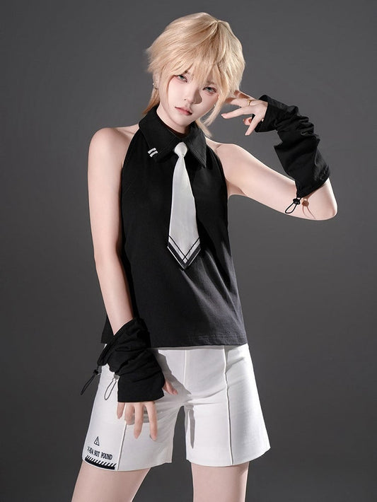 Tie Lolita Neck Sleeveless White with Black Halter Wrist Cuffs and Ouji Top