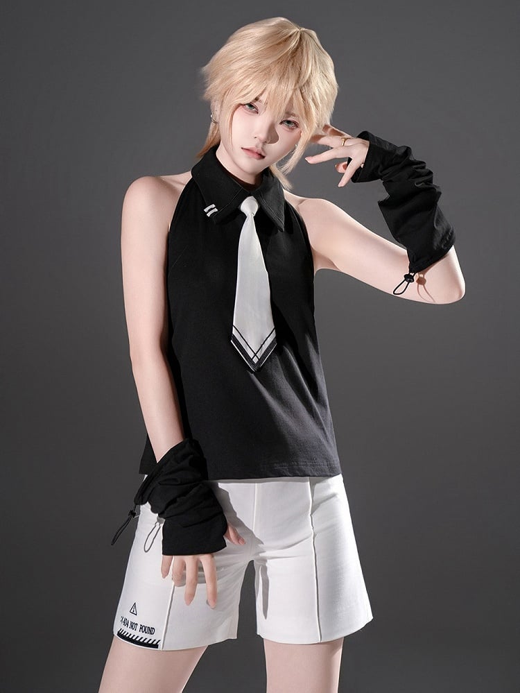 Neck Top with Wrist Black White Halter and Ouji Lolita Tie Sleeveless Cuffs