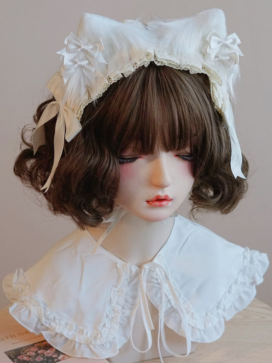 Weiße Katzenspitze mit Schleife und Ohr-Haarband