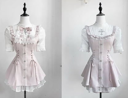 Coord Jirai Bow Bib Dress Kei Short Set: Rosa Krawatte mit Ärmel
