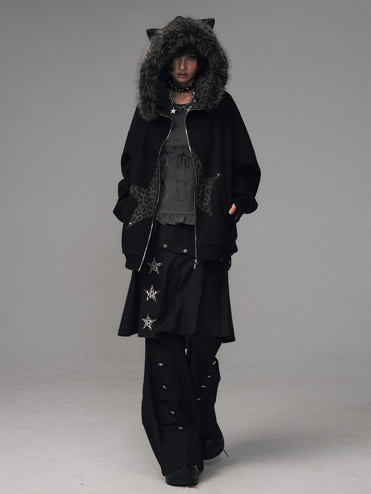 Design Jacket Star-shaped Leopard Patchwork Black - Gyaru Print