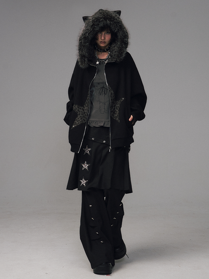 Design Jacket Star-shaped Leopard Patchwork Black - Gyaru Print