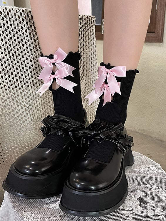 Cotton Trim Colors Socks Cut-out Ruffled with Design 4 Bow Decoration Swallowtail