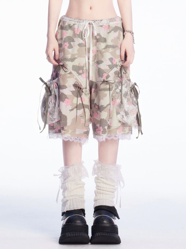 詳細 カモフラージュ柄 ドローストリングウエスト 蝶結び レーストリム ワイドレッグ