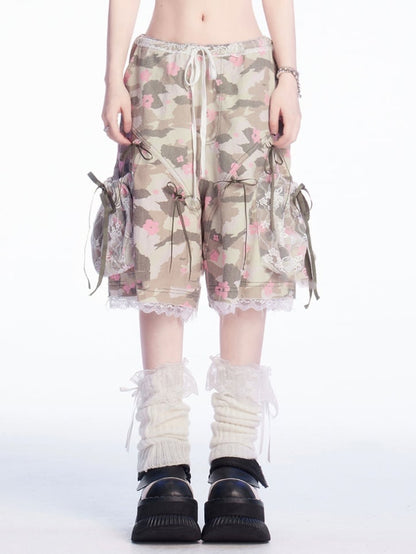 詳細 カモフラージュ柄 ドローストリングウエスト 蝶結び レーストリム ワイドレッグ