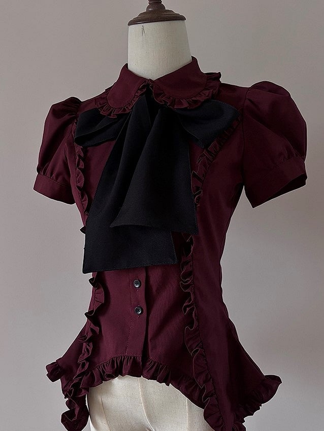 Ruffle Puff Red Blouse Wine Stripe and Neckline Sleeves