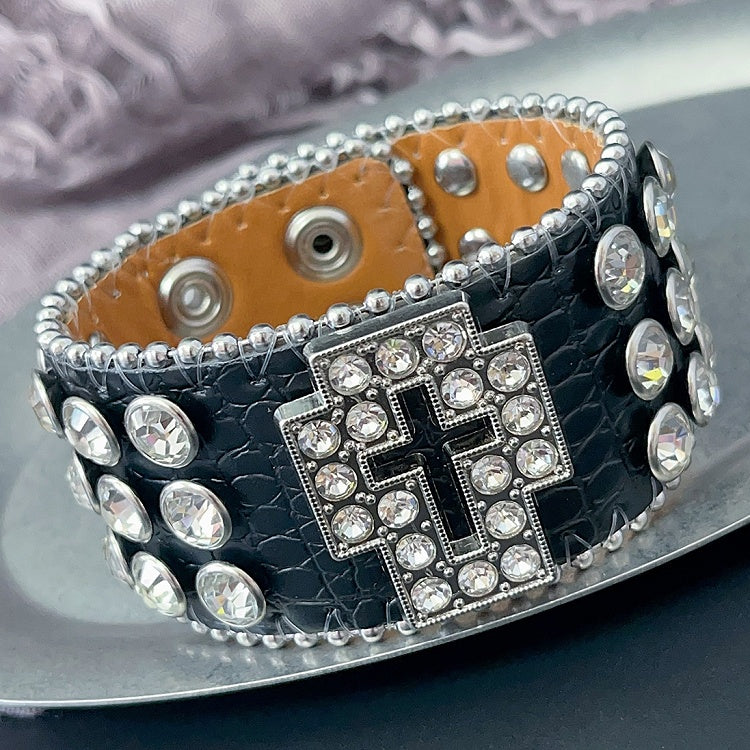 Red/Black/Silver Wristband Y2K Rhinestone Bracelet Decorated Cross Design