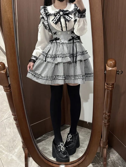 Jirai Kei Coord Set: Black Plaid Tiered Susender Skirt & White Heart Rhinestone Blouse
