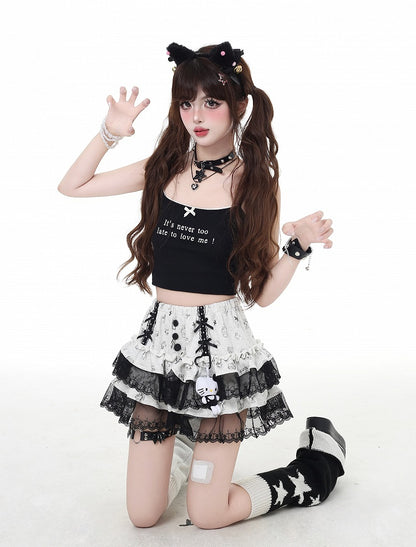 レースブラックトリムライトグレーキティプリントティアードスカート