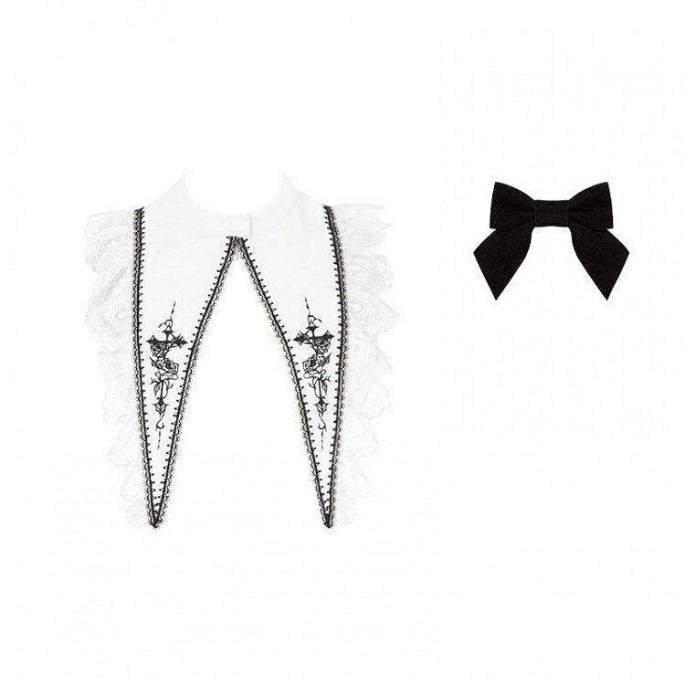 White + Rosette Sharp Embroidery Gothic Collar Lolita Bow Black