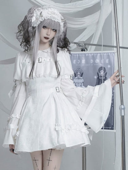 White Gothic Lolita Bell Sleeve Dress with Lace and Metal Buckle Accents - Kuroya