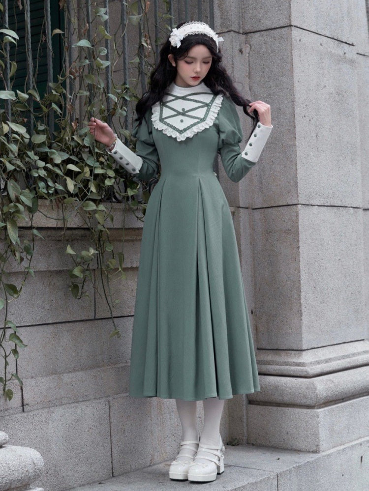 Grünes elegantes Juliette-Ärmelkleid Nonne Lolita Langarm Einteiler