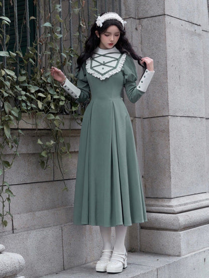 Grünes elegantes Juliette-Ärmelkleid Nonne Lolita Langarm Einteiler