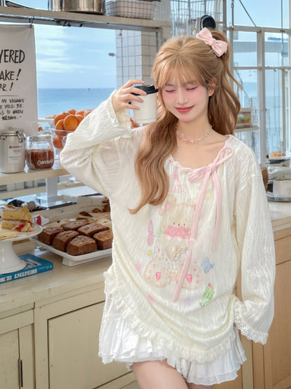 Pink/White Asymmetrical Neckline Drawstring Waist Teddy Bear Top