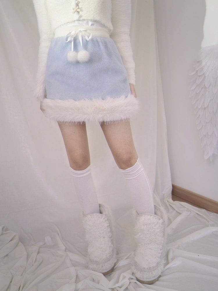 Cozy Plush-Trimmed Skirt with Pom-Pom Detailing Blue/White