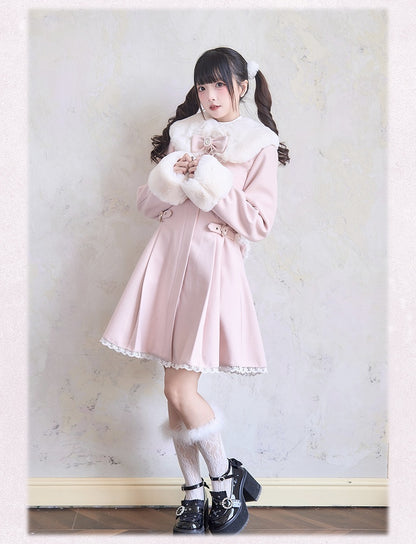 Manschetten Jirai Kei Plüschkragen Strass Spitzenbesatz und rosa Mantel Bowknots