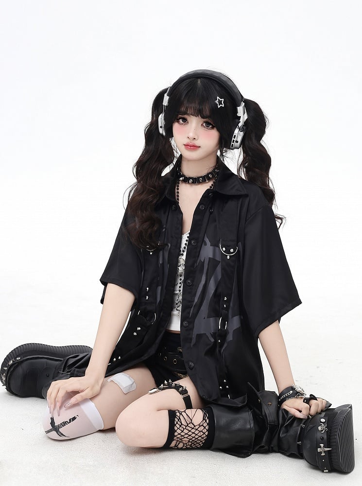 with Shoulder-to-Hem Studded Straps Black Graffiti Gray Shirt Punk Letter