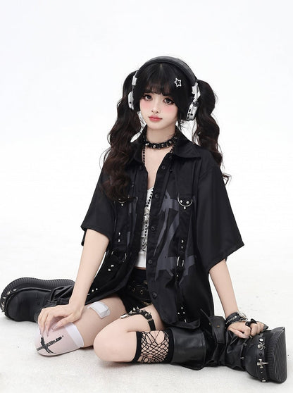 with Shoulder-to-Hem Studded Straps Black Graffiti Gray Shirt Punk Letter