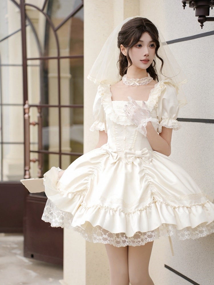 Dress Beige and Sleeves Lolita Elegant Puff Short Neckline Classic Square