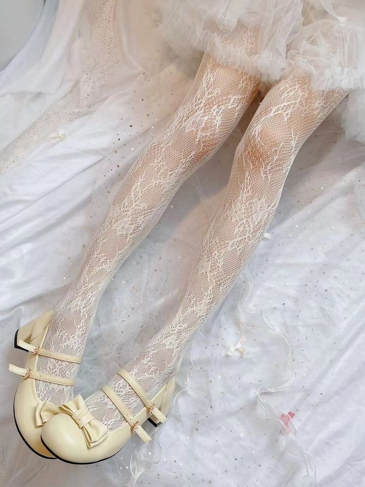 ホワイト/クリーミーイエロー/ブラックフローラルフィッシュネットタイツ