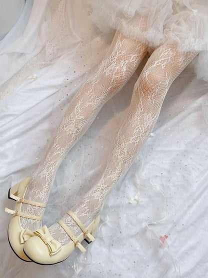 ホワイト/クリーミーイエロー/ブラックフローラルフィッシュネットタイツ