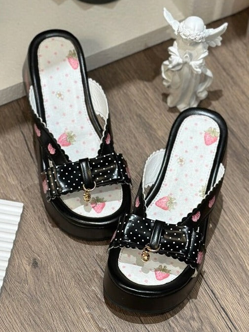 Strawberry-Print Black Chunky Sandals with Charm Accents - Witch's Night