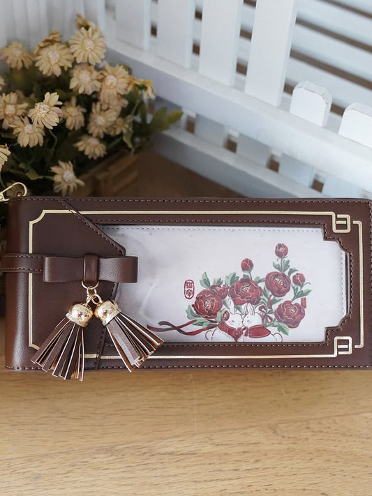 Schleife Braun Cheongsam Muster Blumentasche PU Akzent Ita Stil mit Fransen