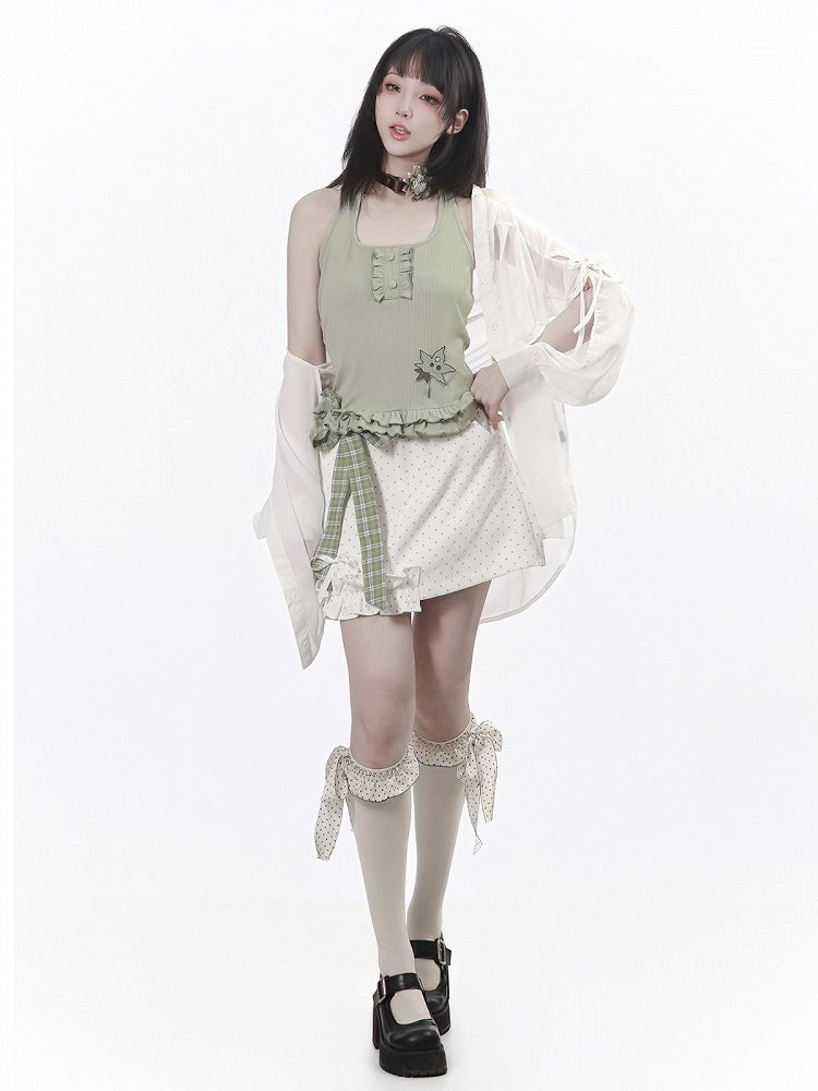 Asymmetrical Polka Dot Ruffled Skirt with Plaid Belt and Shorts - PINK SAVIOR