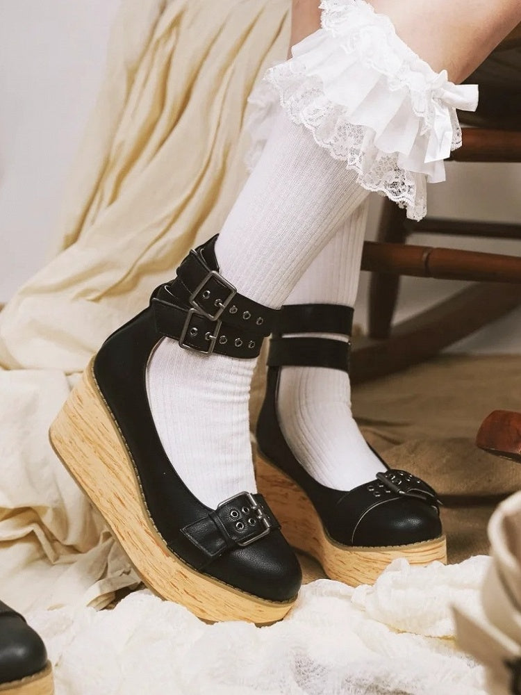 Janes in with Black Decor Buckles Closure Platform Ankle - Mary Layered PU