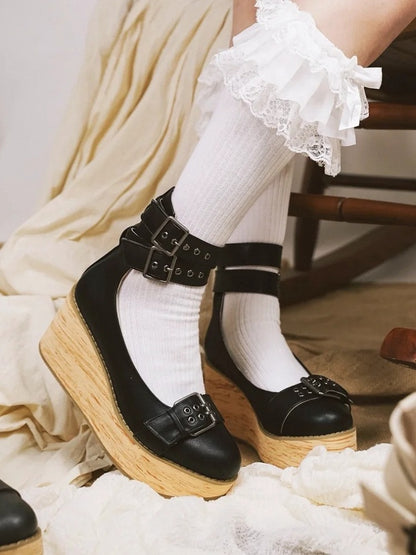 Janes in with Black Decor Buckles Closure Platform Ankle - Mary Layered PU