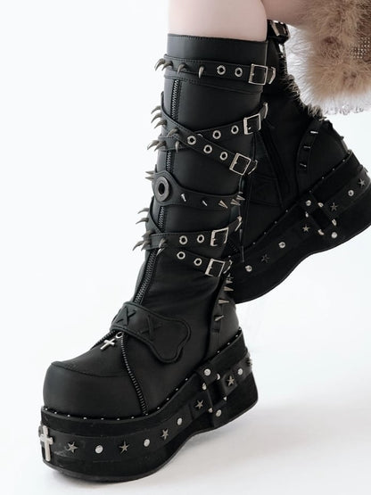 Sole Studded Knee-High with Platform Details Decor - Black Boots Punk Cross