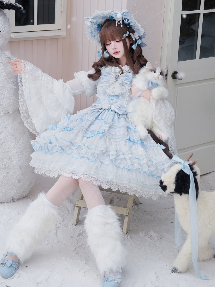 Blue Hanayome Bows Layered Skirt Sweet Hime Lolita Jumper Skirt Set