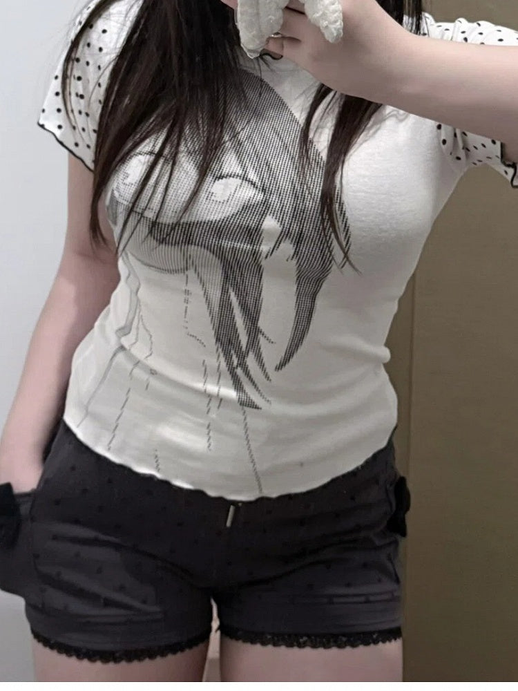 Polka White Dots Print Black and Graphic T-Shirt with Cartoon