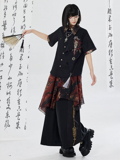 Embroidered Dragon Short Sleeve Shirt - Qing Tang Original