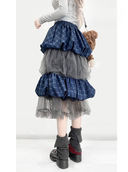 Blue Plaid Pattern Patchwork Tiered Bubble Skirt