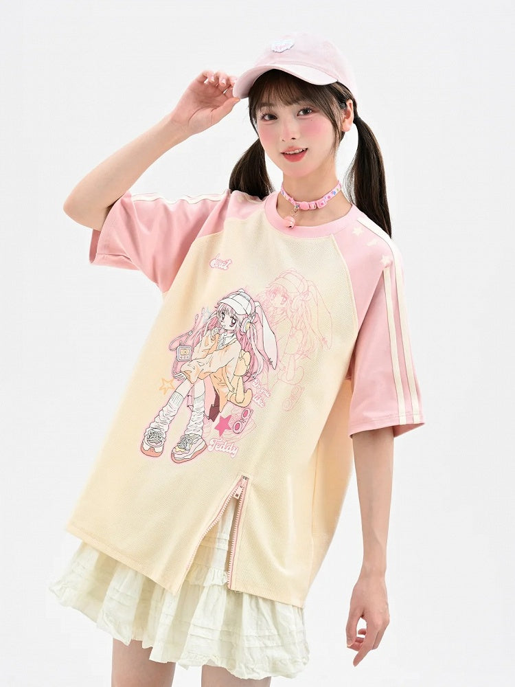 Beige and Pink Colorblock Design Anime Print Bittersweet Zip T-Shirt Y2K Hem