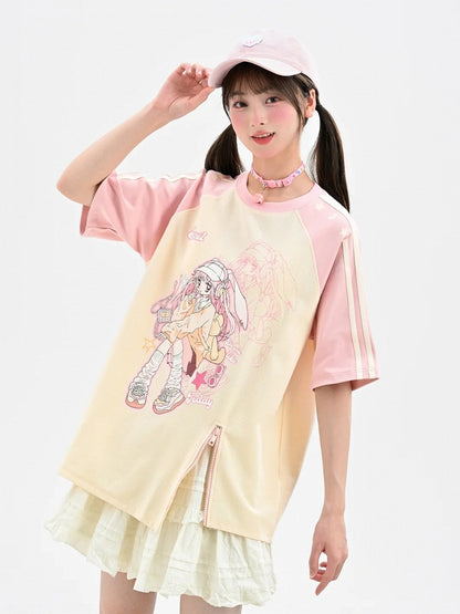 Beige and Pink Colorblock Design Anime Print Bittersweet Zip T-Shirt Y2K Hem