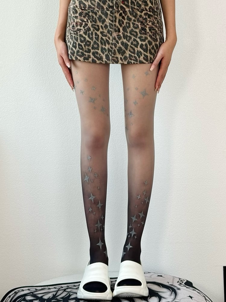 Star Pattern Tights BlackGray/Blue/Pink Color Y2K Ombre