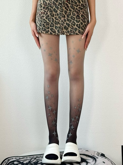 Star Pattern Tights BlackGray/Blue/Pink Color Y2K Ombre