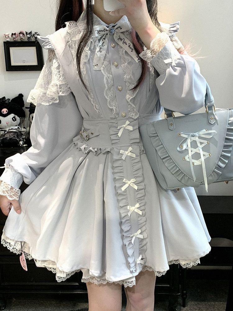 Lace Blue/White/Pink/Black Kei Trim Jirai Details Shorts Dress With Overall Bowknot