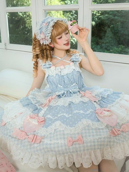 Dress with Layered JSK Sweet Lolita Blue Skirt Bow Accents