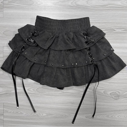 with Gray Studs Skirt Multi-Layer Cross-Decorated Kei Lace-Up Jirai Dark