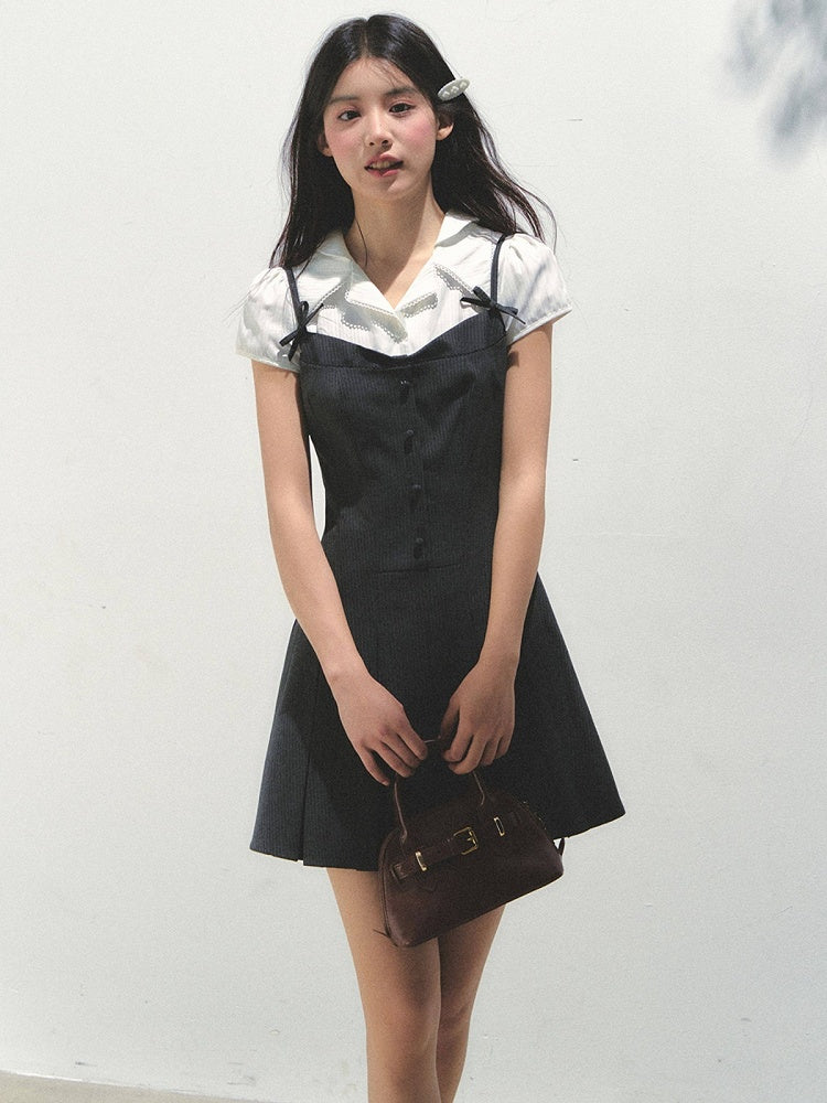 Dark Dress Elegant Bow Gray Details with Fake Two-Piece