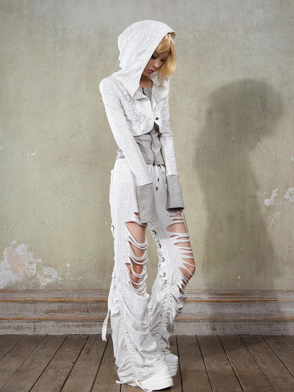 Hoodie Y2K Jacket Punk Hem with White Gray Rhinestone Knit