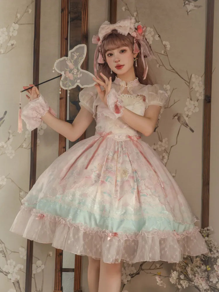 Rosa Lolita-Kleid mit baskischer Taille, Pfirsich- und Pfirsichblüten-Print JSK