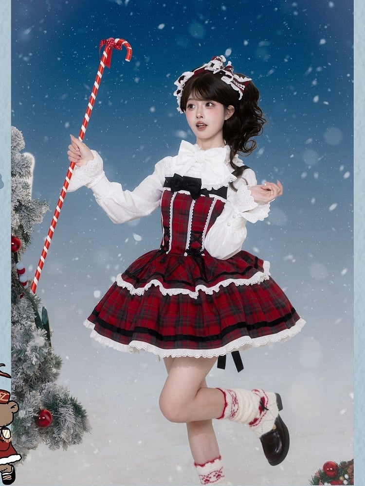 Red and Black Plaid Lace-Up Short JSK Gown with Bowknot Brooch - iris de nuit