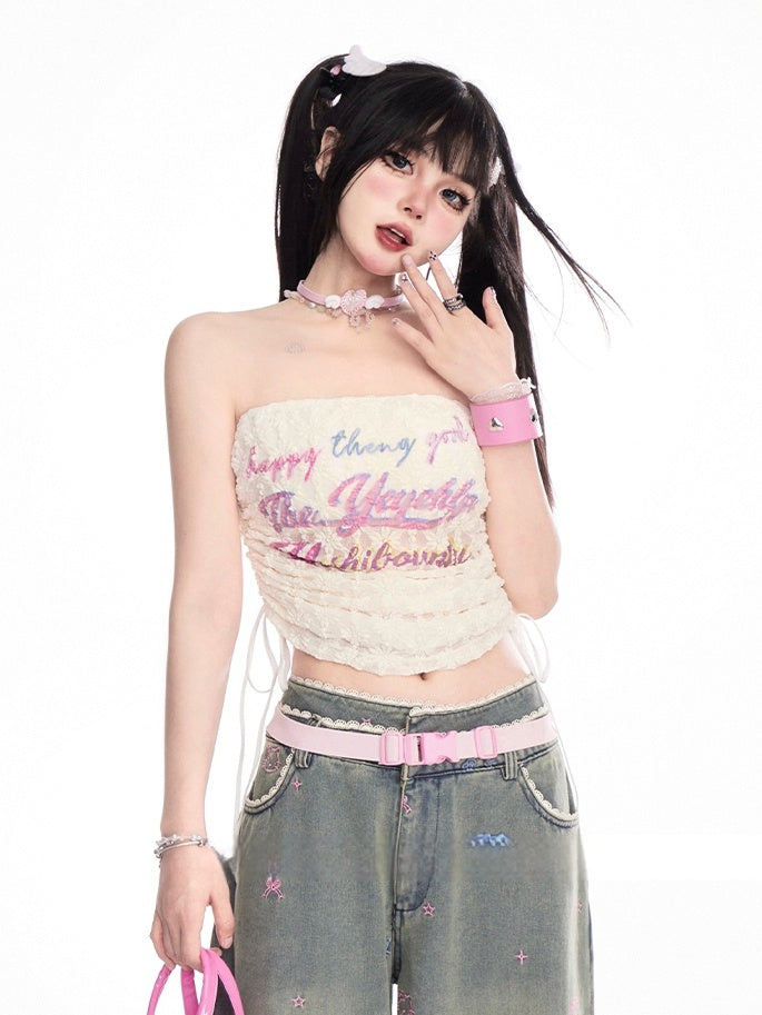 アプリコットドローストリングサイドストラップレストッププリントレースクロップドレター