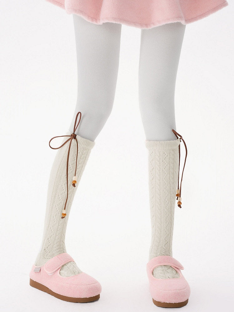 Detail with Bow Socks Knit 5-Color Bead Calf Pointelle